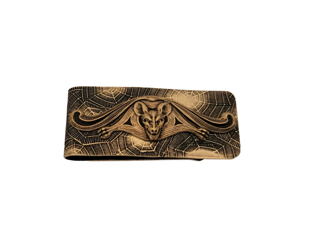 Oxidized Brass Spider Web Embossed Bat Money Clip