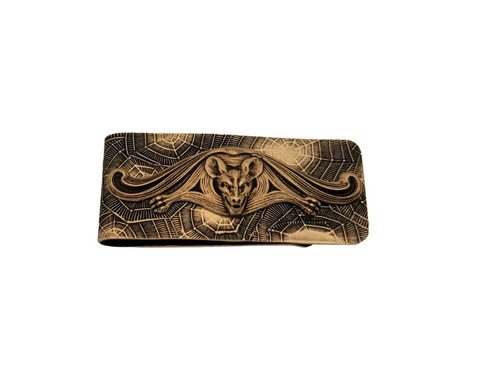 Oxidized Brass Spider Web Embossed Bat Money Clip