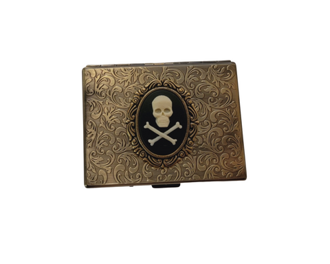 Handmade Antique Bronze Embossed Skull And Crossbone Cigarette Case