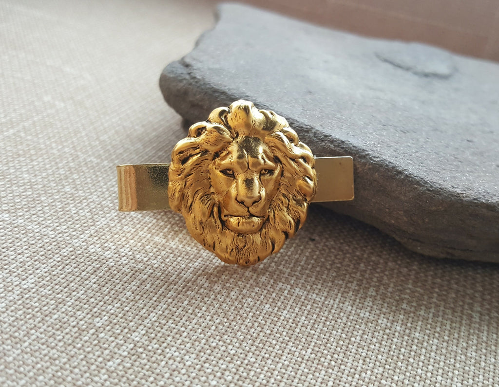 Handmade Oxidized Gold Lion Tie Clip