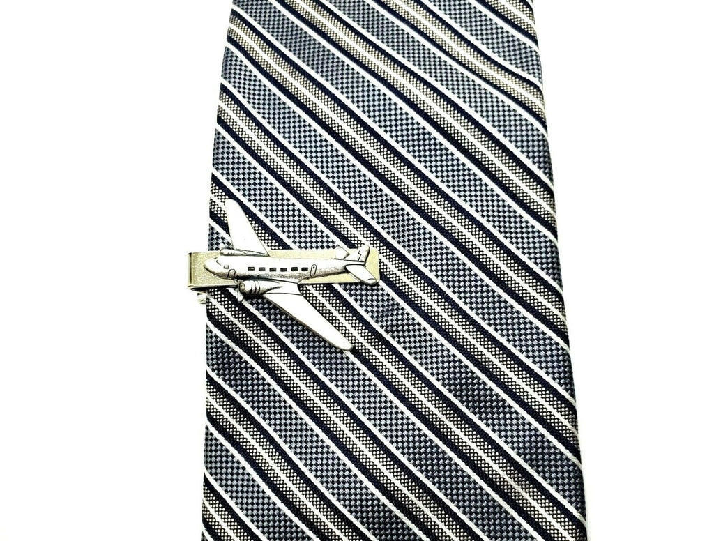 Handmade Silver Brass Steampunk Airplane Tie Bar Clip
