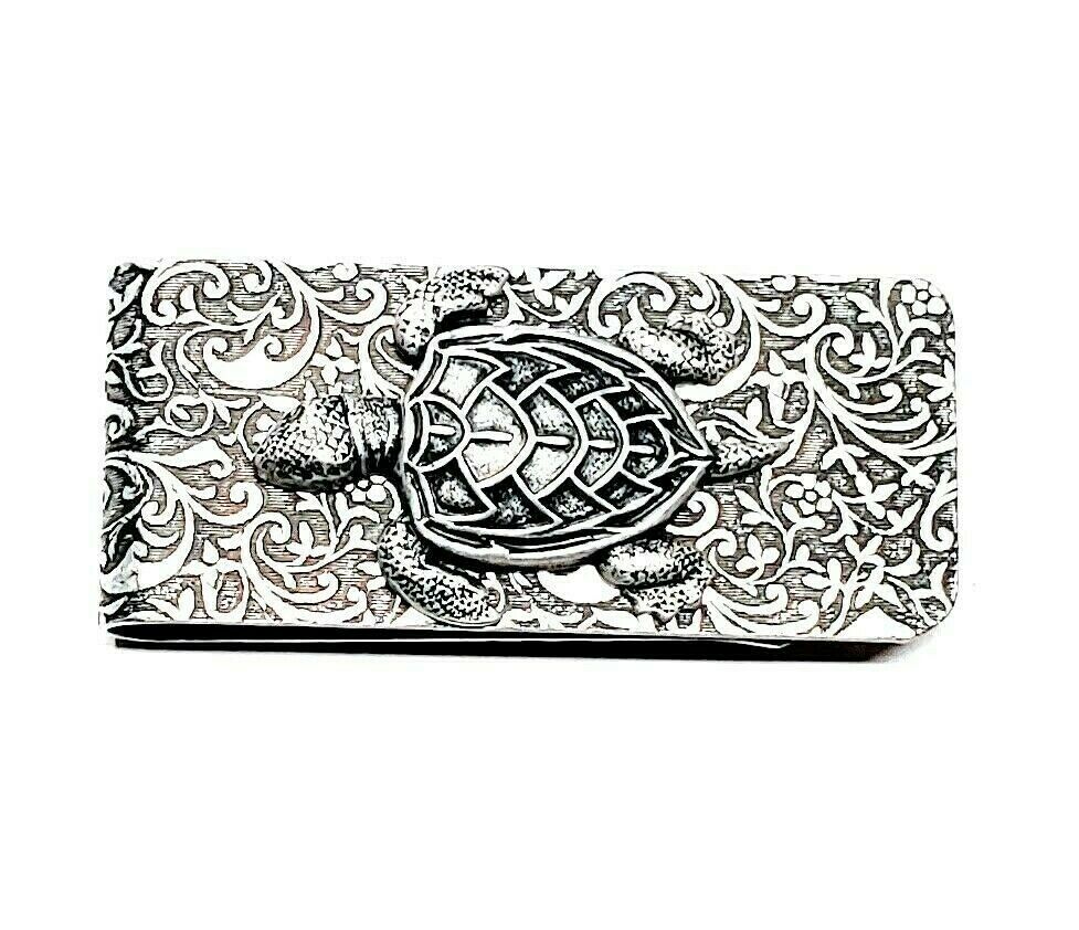 Handmade Oxidized Silver Embossed Brass Turtle Money Clip