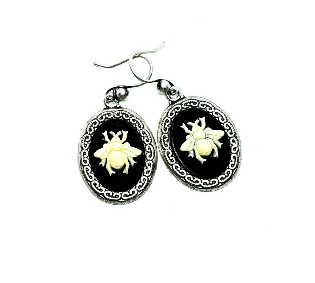 Handmade Silver Bee Cameo Earrings