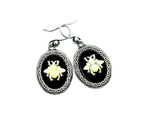 Handmade Silver Bee Cameo Earrings