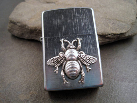 Handmade Brushed Silver Oxidized Silver Bee Cigarette Lighter