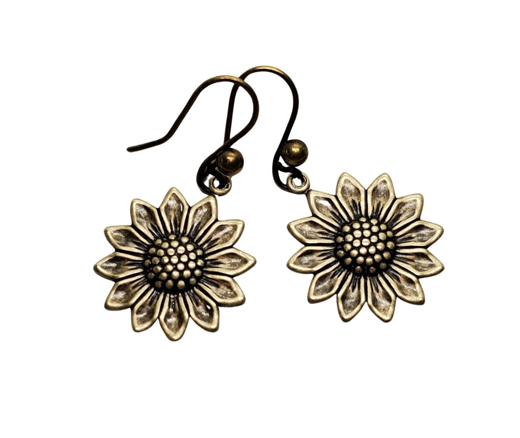 Handmade Oxidized Brass Sunflower Earrings