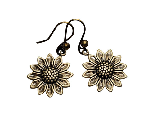 Handmade Oxidized Brass Sunflower Earrings