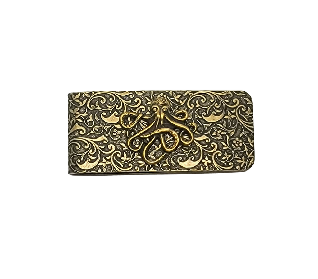 Handmade Oxidized Brass Embossed Octopus Money Clip