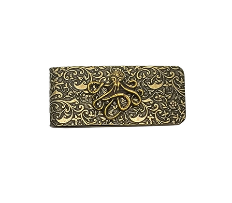 Handmade Oxidized Brass Embossed Octopus Money Clip